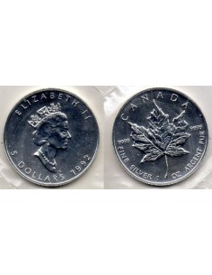1992 - Canadá. 5 dólares, 1 onza de plata Maple Leaf