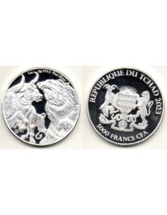 2023- Tchad 1 onza de plata - 5000 Francs Toro y Oso