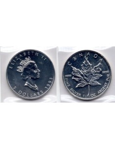 1993 - Canadá. 5 dólares, 1 onza de plata Maple Leaf