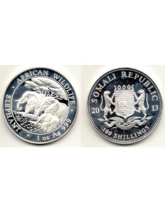 2013 Somalia 100 Shillings, 1 onza de plata Elefante